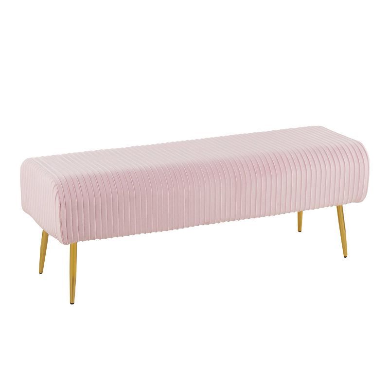 51" Pink Velvet Pleated Bench with Gold Metal Legs