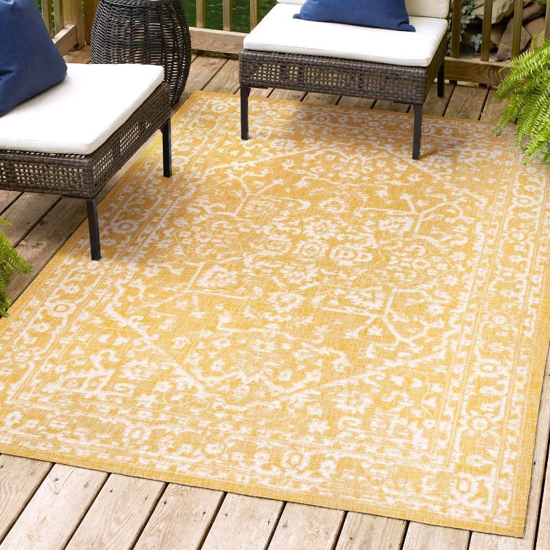 Yellow and Cream Bohemian Medallion Flat Woven Indoor/Outdoor Rug