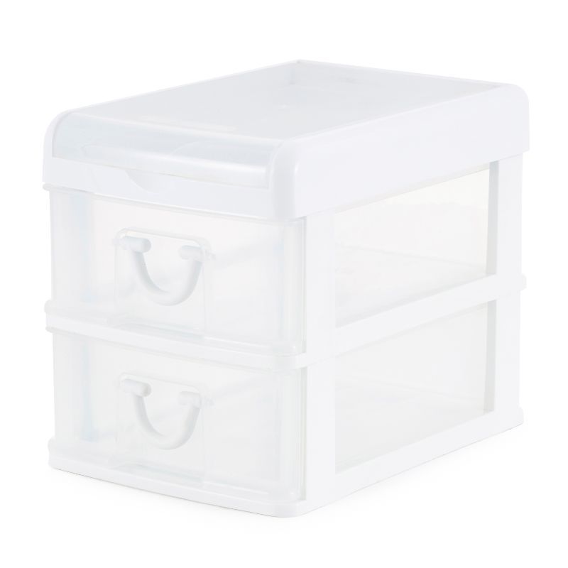 White Clear Plastic 2-Drawer Desk Organizer with Flip Top