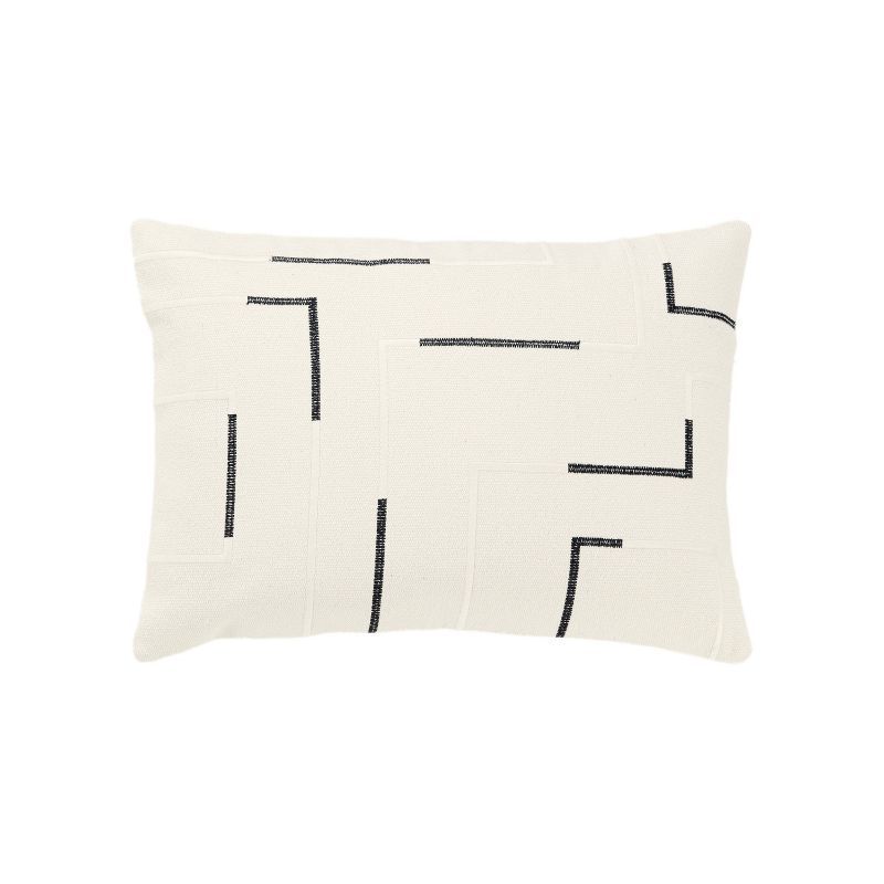 Ivory and Black Geometric Embroidered Cotton Throw Pillow