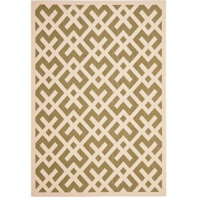 Green and Bone Geometric Synthetic Outdoor Area Rug