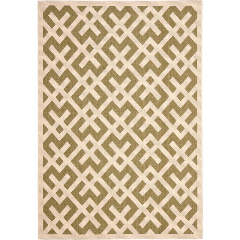 Green and Bone Geometric Synthetic Outdoor Area Rug