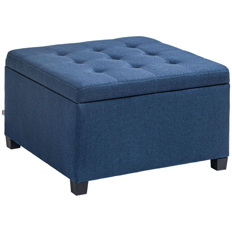 Blue Linen Tufted Storage Ottoman with Eucalyptus Wood Frame