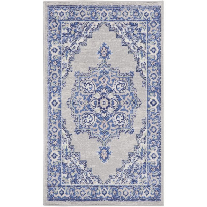 Bohemian Grey Blue Floral Round Synthetic Area Rug