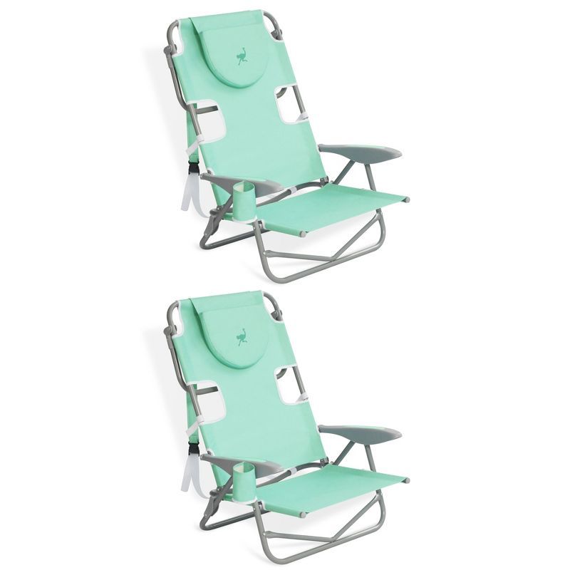 Teal Folding Reclining Beach Chairs with Arms and Cup Holder, Set of 2