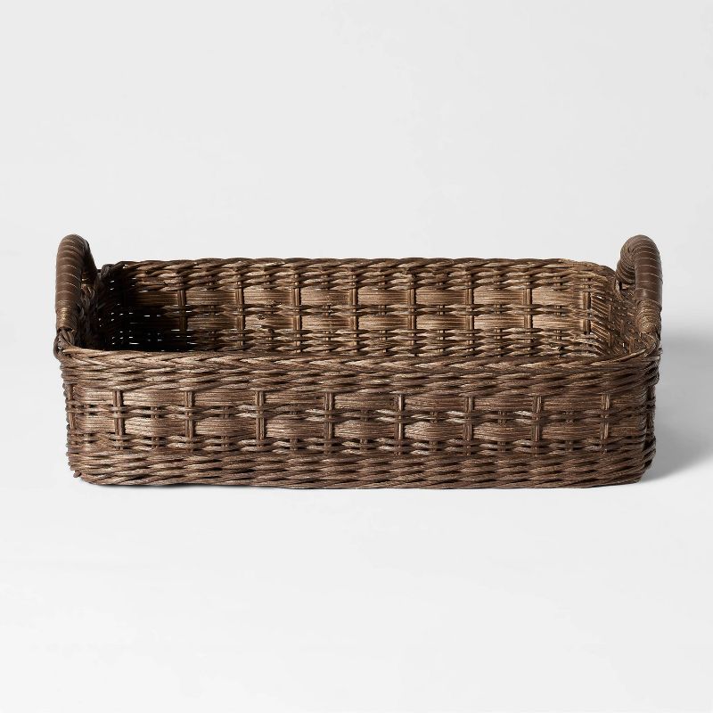 Dark Brown Rectangular Rattan Tray with Leather Handles