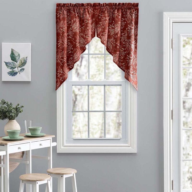 Brick Red Leaf Pattern Polyester Rod Pocket Valance