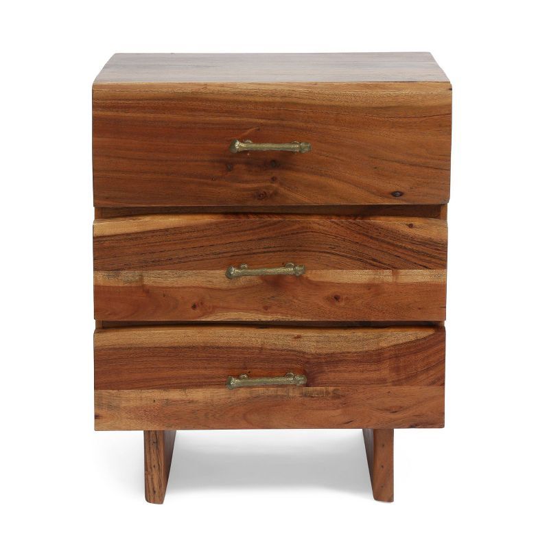 Dark Natural Acacia Wood 3-Drawer Nightstand with Brass Handles