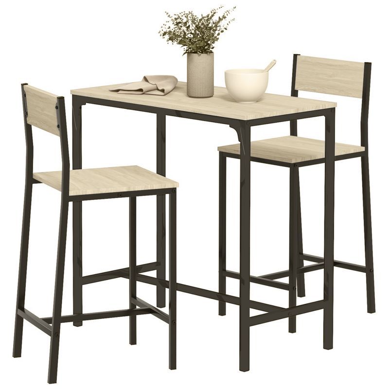 Oak and Black 3-Piece Industrial Pub Table Set with High-Back Stools