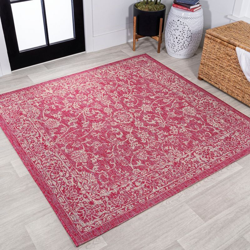 Fuchsia and Light Gray Square Floral Synthetic Area Rug