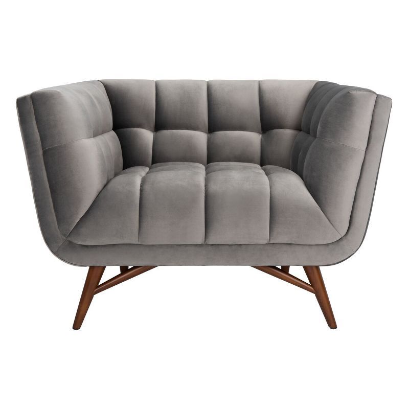 Contemporary Gray Velvet Wood Accent Chair with Tufted Design