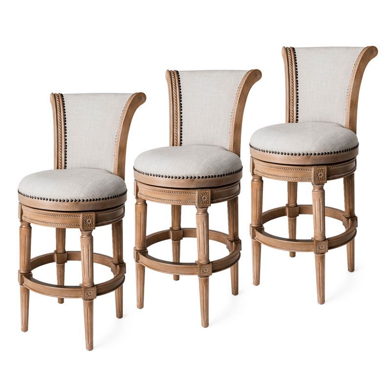 Weathered Oak Swivel Bar Stool with Leather Upholstery, Set of 3