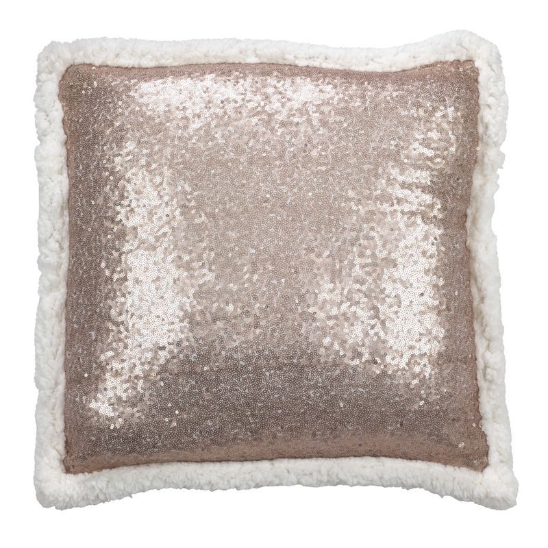 18" Champagne Sequin Sherpa Trim Square Throw Pillow