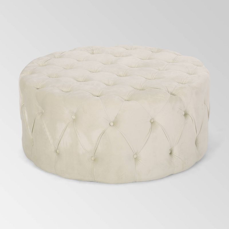 Velvet Tufted Glam Round Ottoman with Diamond Stitching