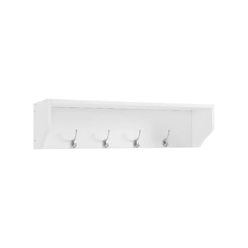 White Wood Wall-Mounted Entryway Shelf with Hooks