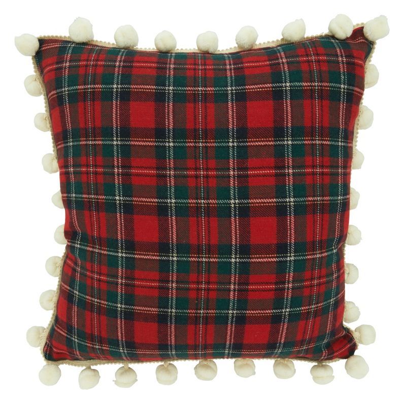 Red and Green Plaid Throw Pillow with White Pom Poms