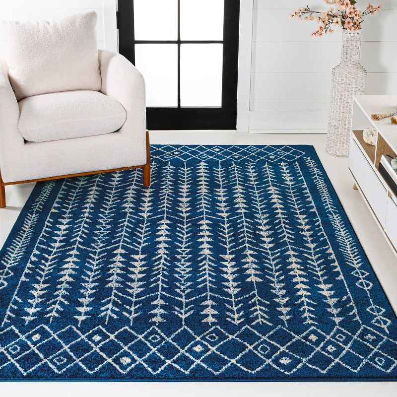 Navy and Cream Synthetic Moroccan Geometric 3' x 5' Area Rug