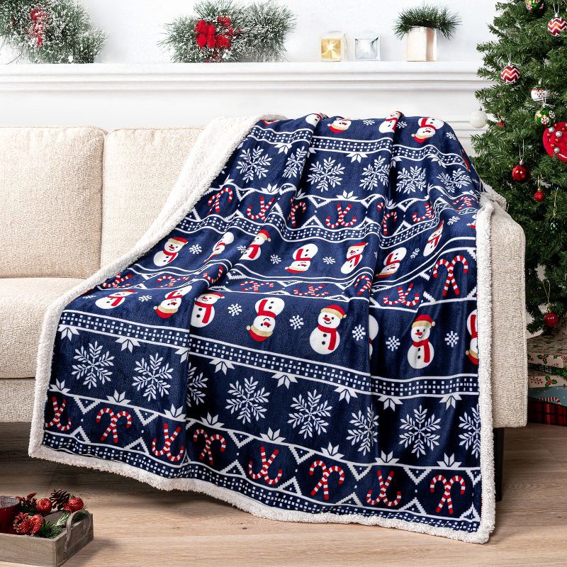 Blue Christmas Snowman Sherpa Fleece Reversible Throw Blanket