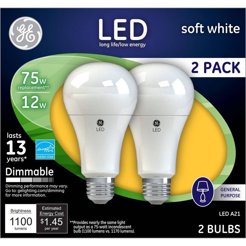 GE 2-Pack Soft White Dimmable LED Light Bulbs