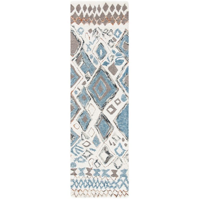 Beige and Navy Hand-Tufted Wool Moroccan Shag Runner Rug