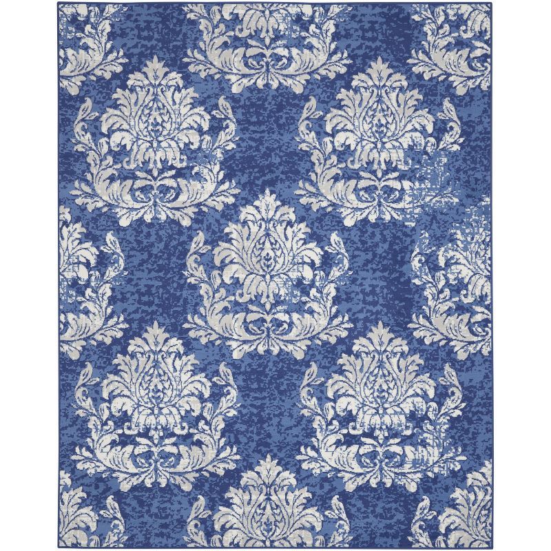 Ivory and Navy Floral Damask 8' x 10' Synthetic Area Rug