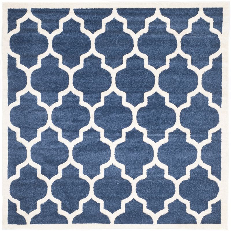 Navy and Beige Geometric Easy-Care Synthetic 7' Square Rug