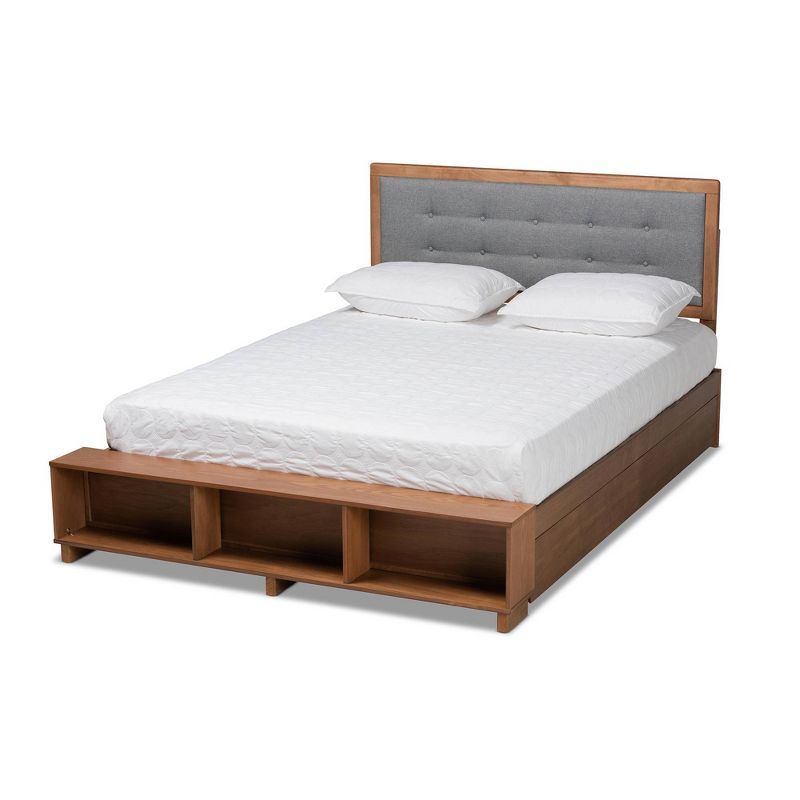 Walnut Queen Platform Bed with Gray Upholstered Headboard and Storage Drawers