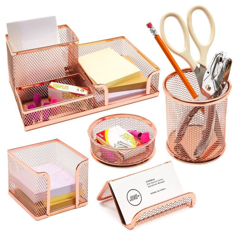 Rose Gold Mesh Desk Organizer Set with Pen, Note, and Card Holders