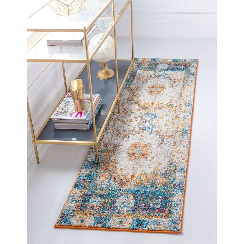Beige and Blue Synthetic Easy Care Runner Rug