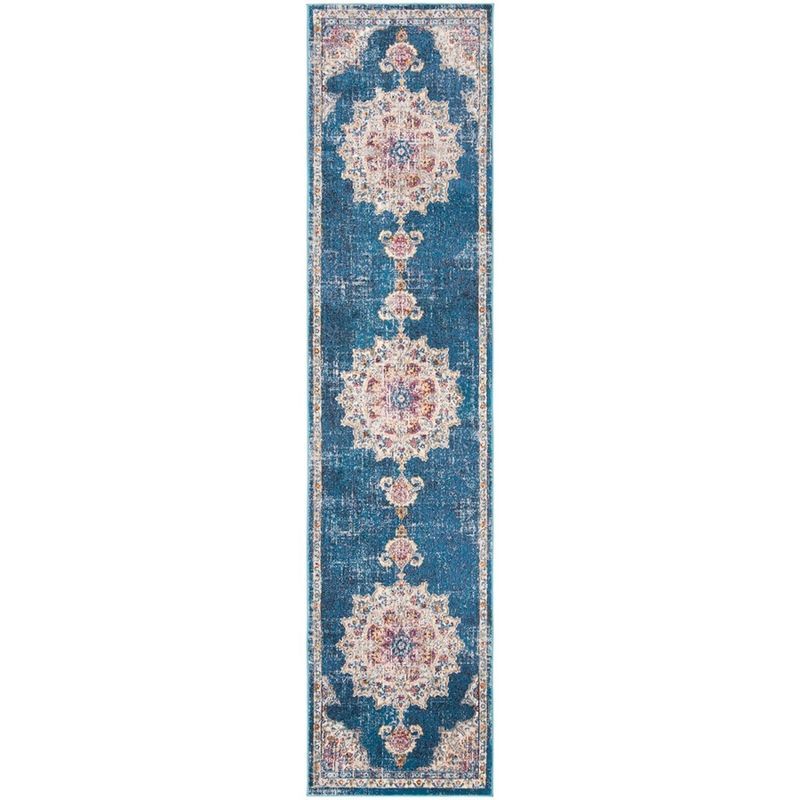 Ivory and Navy Hand-knotted Synthetic Runner Rug