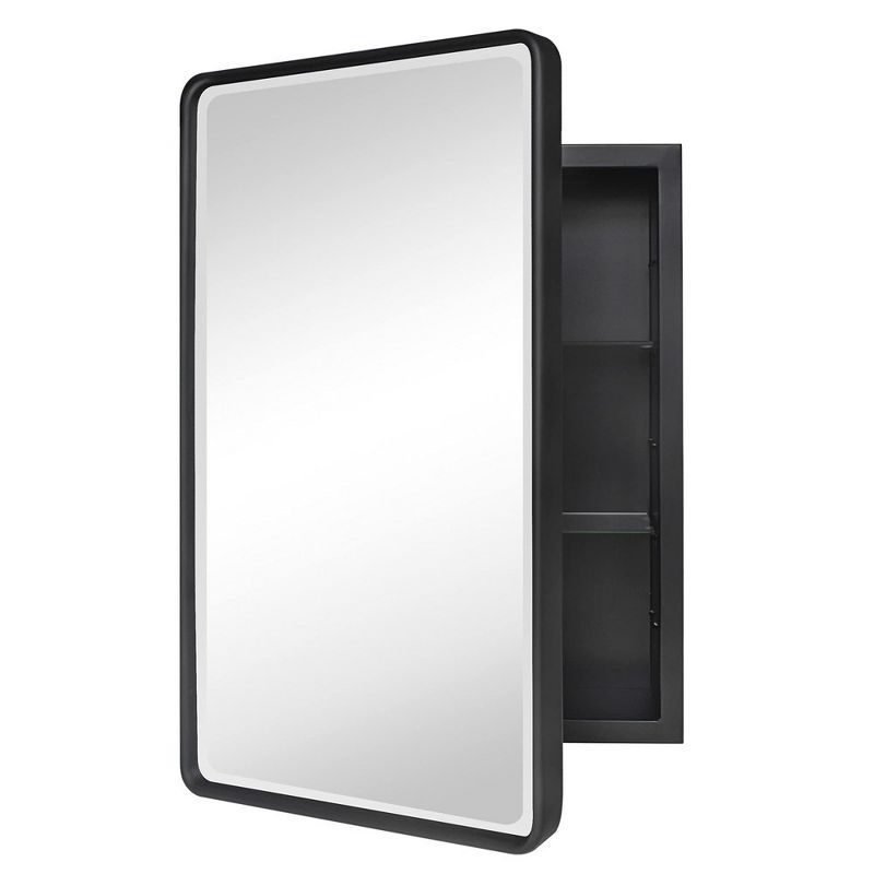 Black Metal Framed Recessed Medicine Cabinet with Beveled Mirror