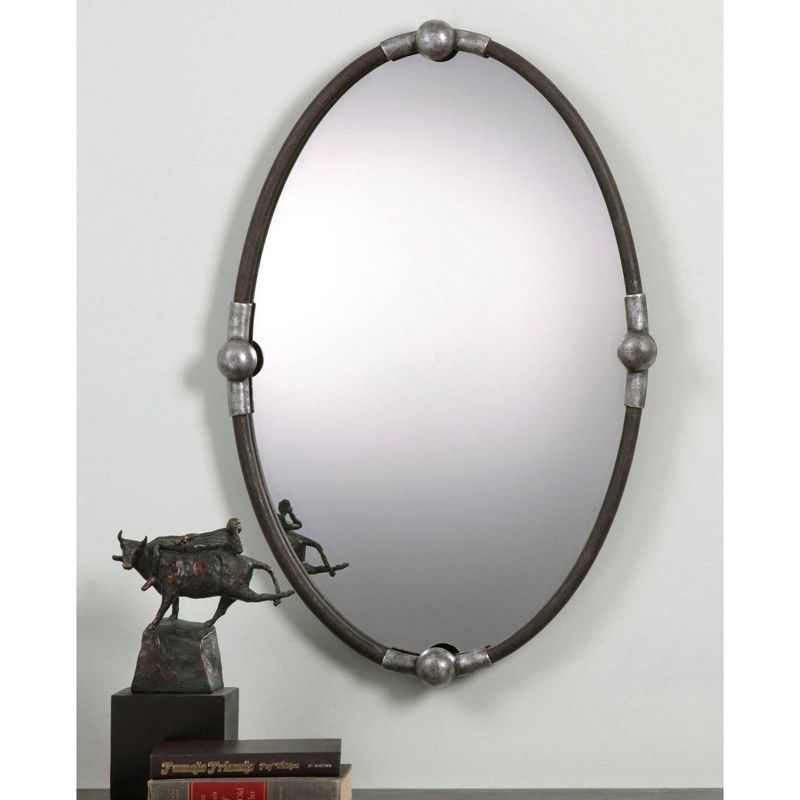 Transitional Rust Black and Silver Iron Oval Wall Mirror 22"x32"