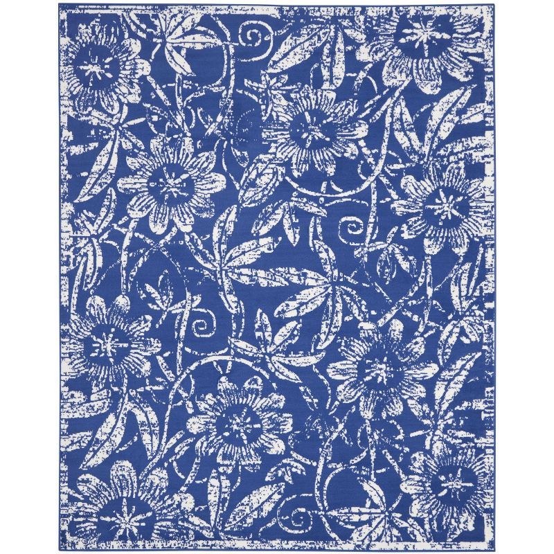 Navy and White Floral Synthetic Kids Area Rug