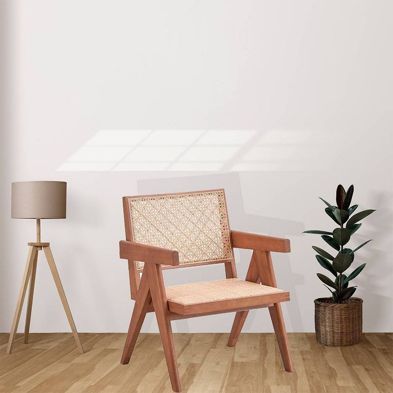 Natural Rattan and Wood Accent Chair with Square Arms