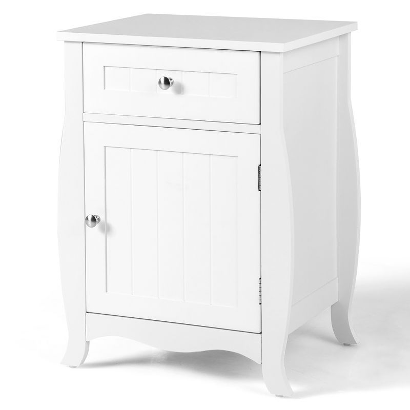 White MDF Nightstand with Drawer and Curved Legs