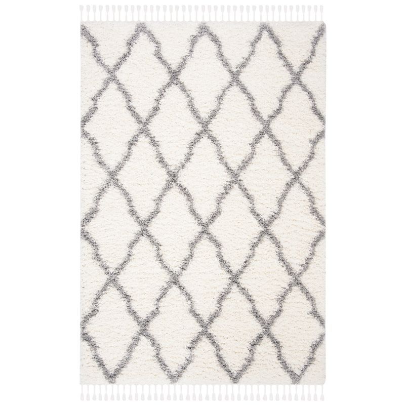 Ivory and Light Grey Diamond Shag Area Rug with Tassels