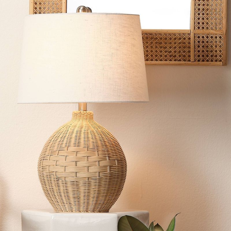 Natural Rattan Table Lamp with White Linen Shade and 3-Way Switch