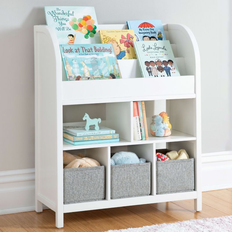 Creamy White Kids' Book and Toy Storage with Fabric Bins