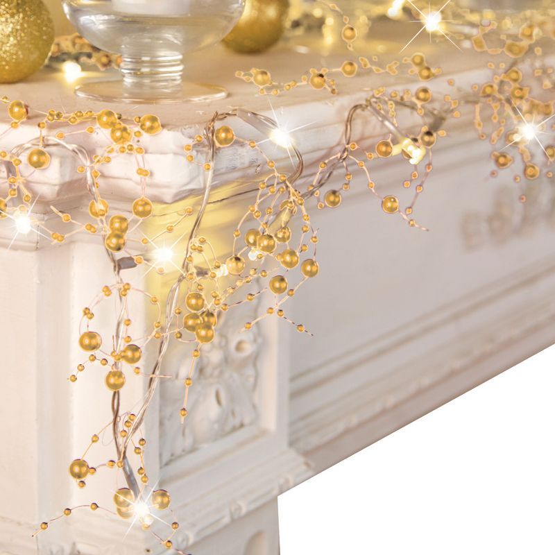 Gold Beaded Berry Garland with White Lights, 120"