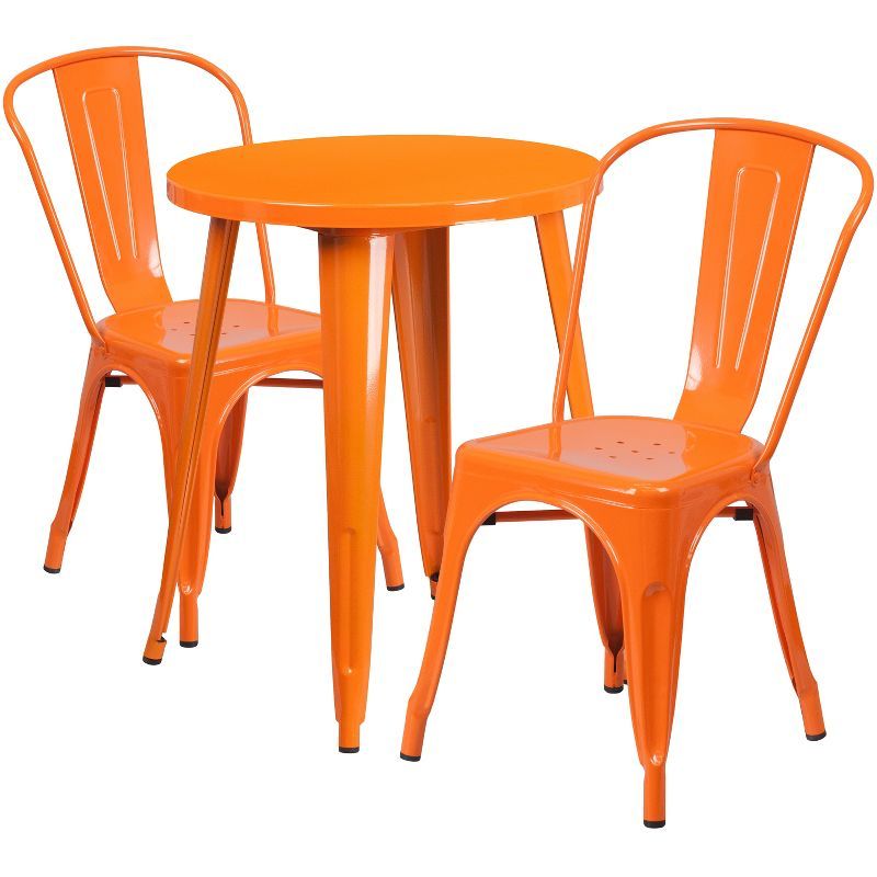 24" Round Orange Metal Indoor-Outdoor Table Set with 2 Chairs