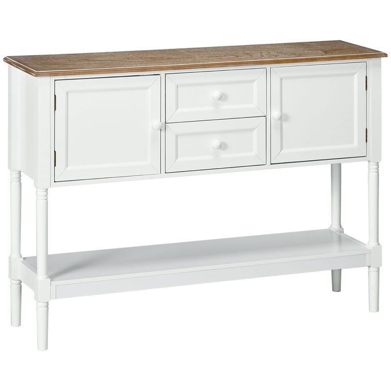 White Wood Console Table with Drawers and Storage Shelf