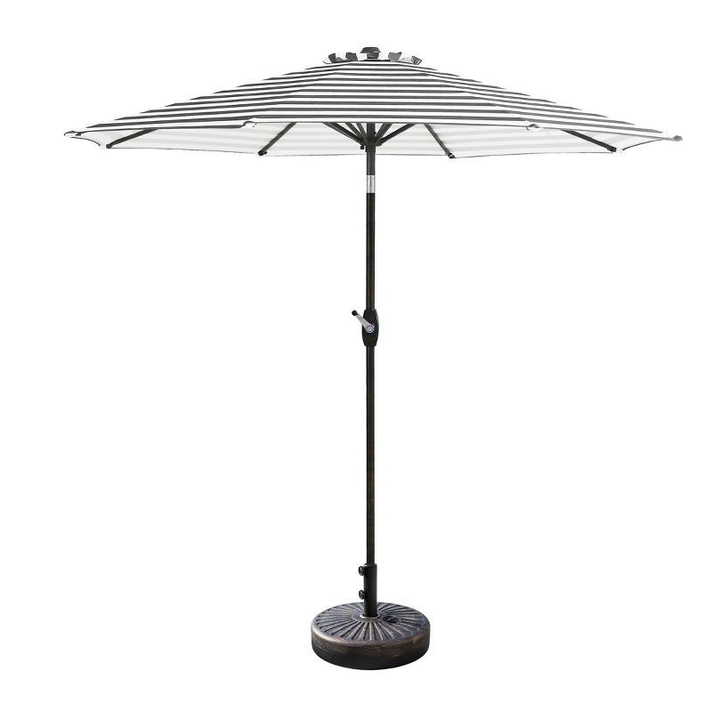 Gray and White Striped 9 Ft Market Patio Umbrella with Bronze Base