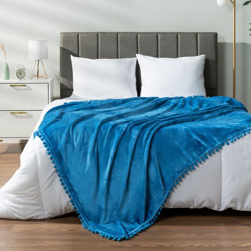 Teal Blue Twin Fleece Pom Pom Fringe Blanket