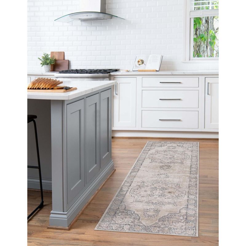 Ivory and Gray Geometric Synthetic Indoor Runner Rug