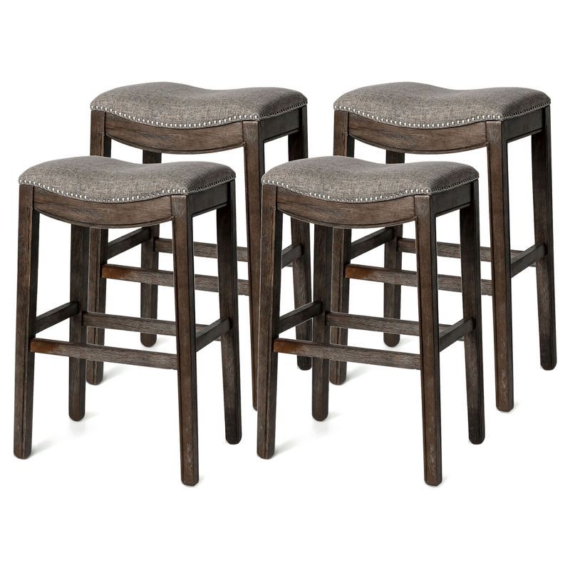 Elegant Gray Wirebrush Wood Saddle Kitchen Stool, Set of 4