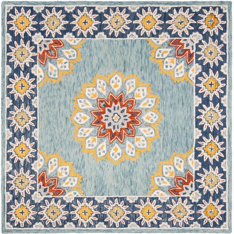 Handmade Blossom Blue and Gold Wool Tufted Square Rug, 6' x 6'