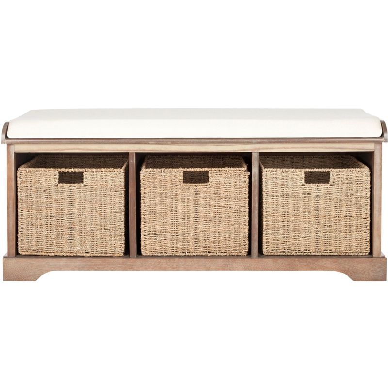 Transitional Brown and White Pine Storage Bench with Cushion