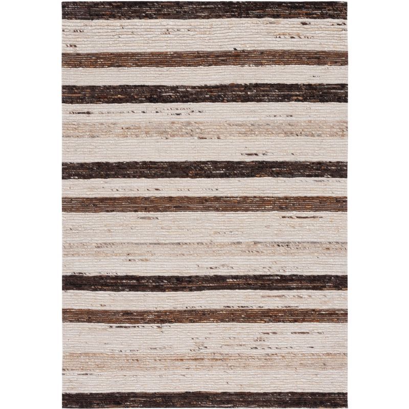 Ivory and Brown Flat Woven Wool Area Rug, 6' x 9'