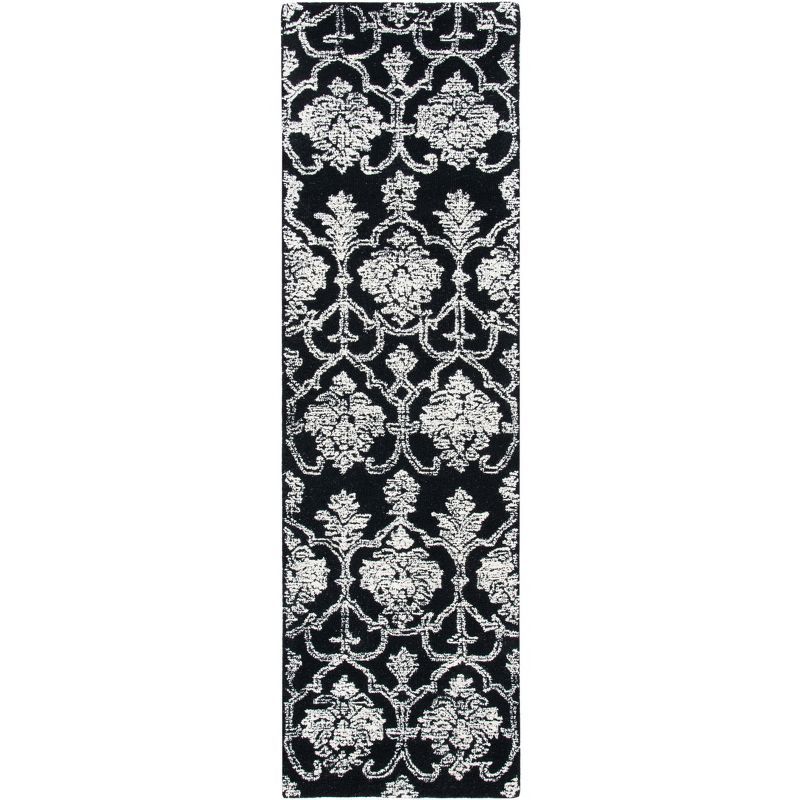 Elegant Floral Hand-Tufted Wool Runner Rug in Black - 27" x 7"