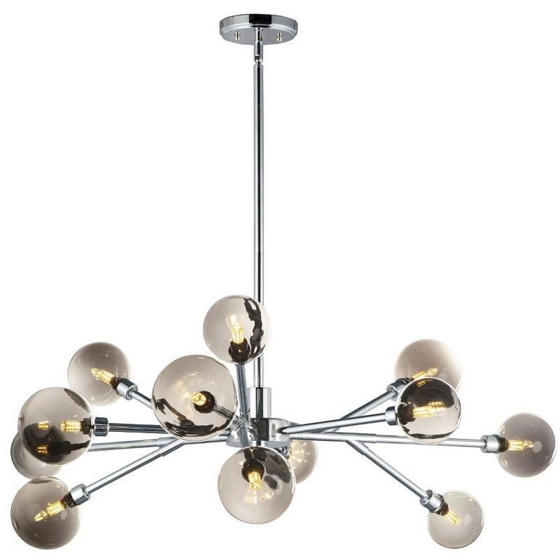 Polished Chrome Sputnik-Inspired 12-Light LED Chandelier with Smoke Glass Shades